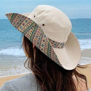 Western Pattern 2-Way Embroider Wide Brim Fisher Hicking Travel Sunhat